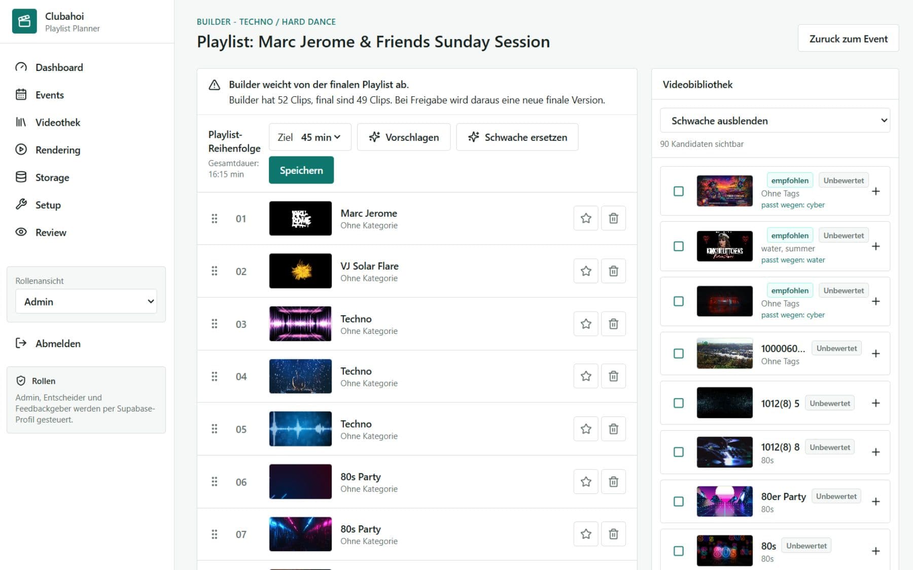 Club Ahoi Playlist Planner mit Eventliste und Rendering-Status