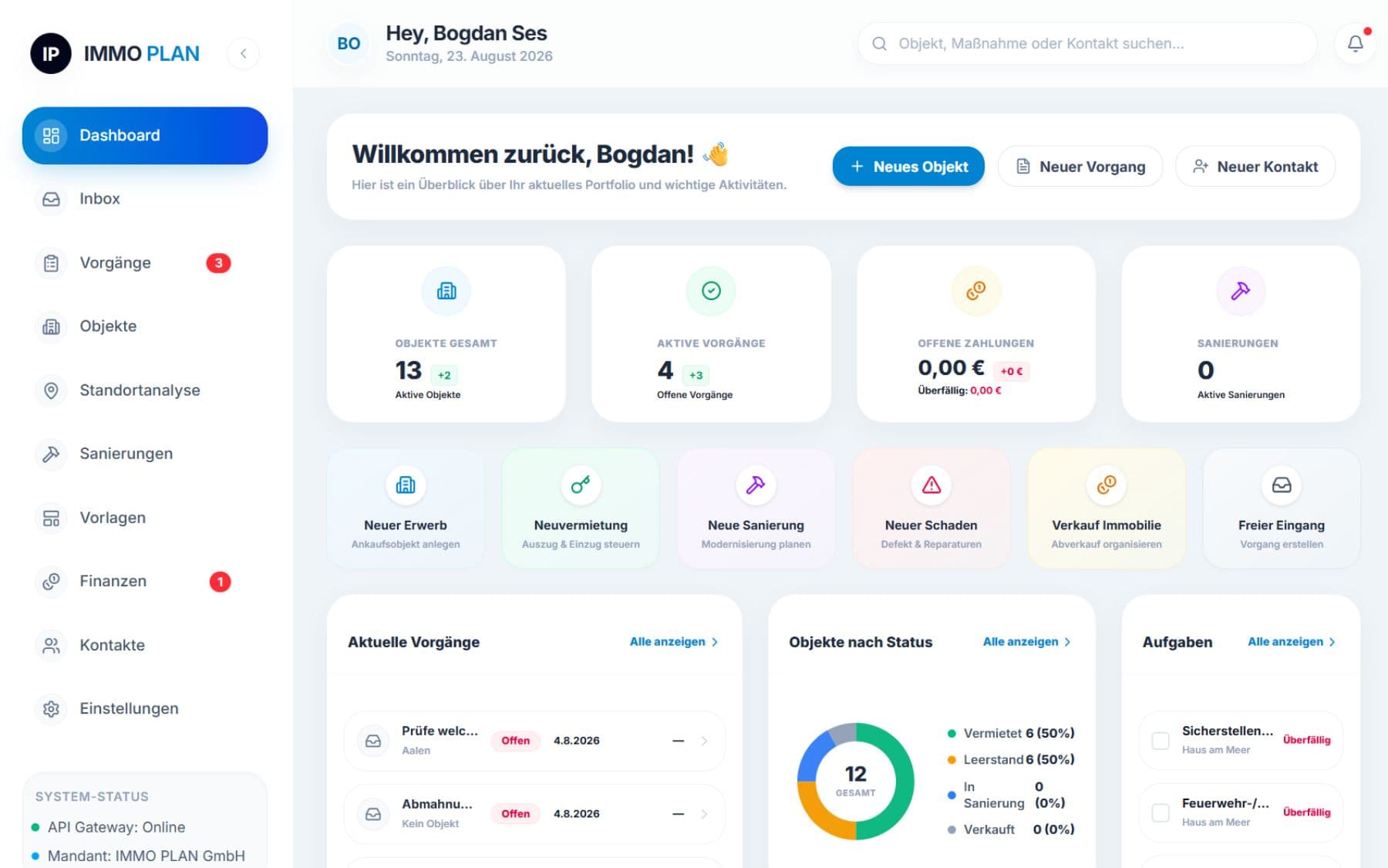 ImmoPlan Dashboard für Objekte, Vorgänge und Aufgaben