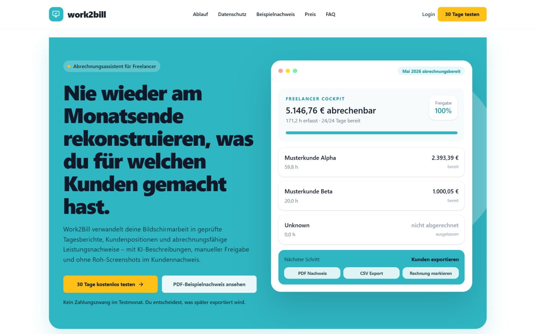 Work2Bill Dashboard für Monatsabschluss und Abrechnung